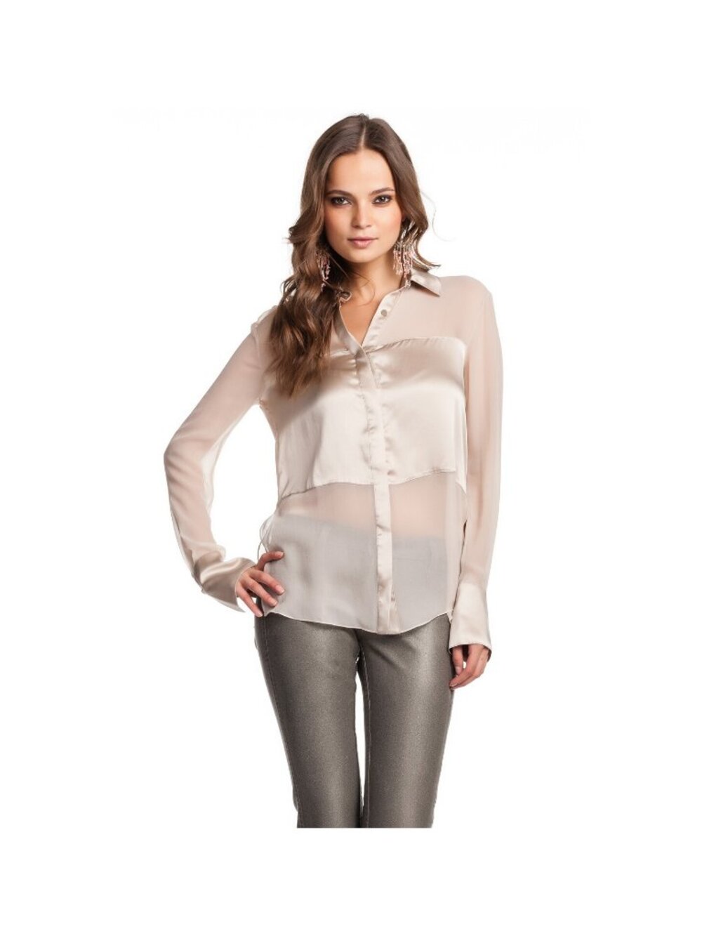 Robert Rodriguez 100% Silk Blocked Shirt Nude Sheer Button Front Ivory Beige NWT